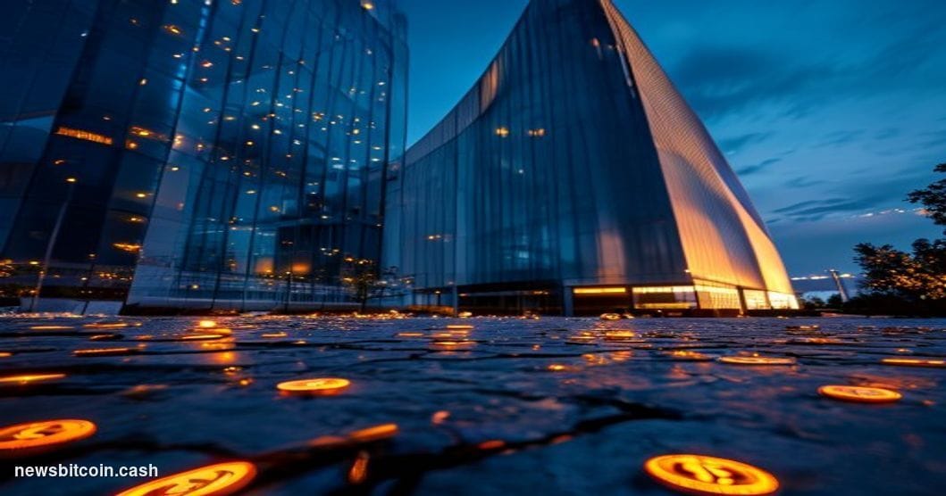 A cinematic photorealistic editorial photograph shot at ground level looking up at a sleek glass-and-steel financial technolo