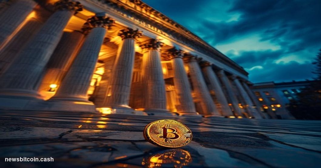 Cinematic photorealistic editorial photograph of the United States Treasury Building in Washington D.C. at dusk, shot from a 