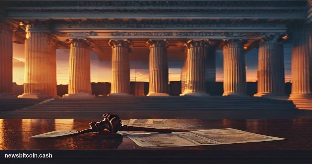 A cinematic photorealistic editorial photograph of the U.S. Treasury Building in Washington D.C., shot at dusk with dramatic 
