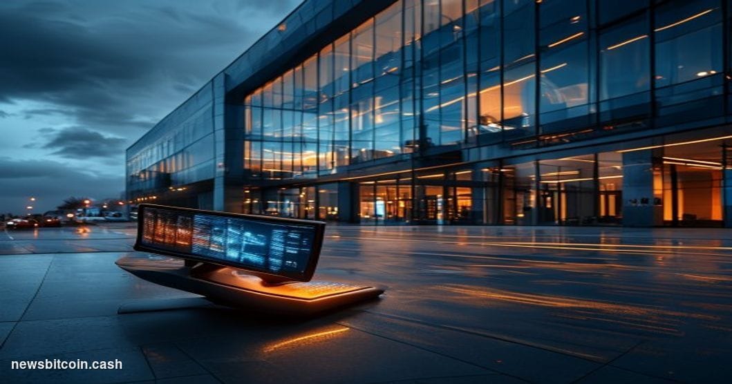 Cinematic photorealistic editorial photograph of the Binance global headquarters exterior at dusk, with warm amber streetligh