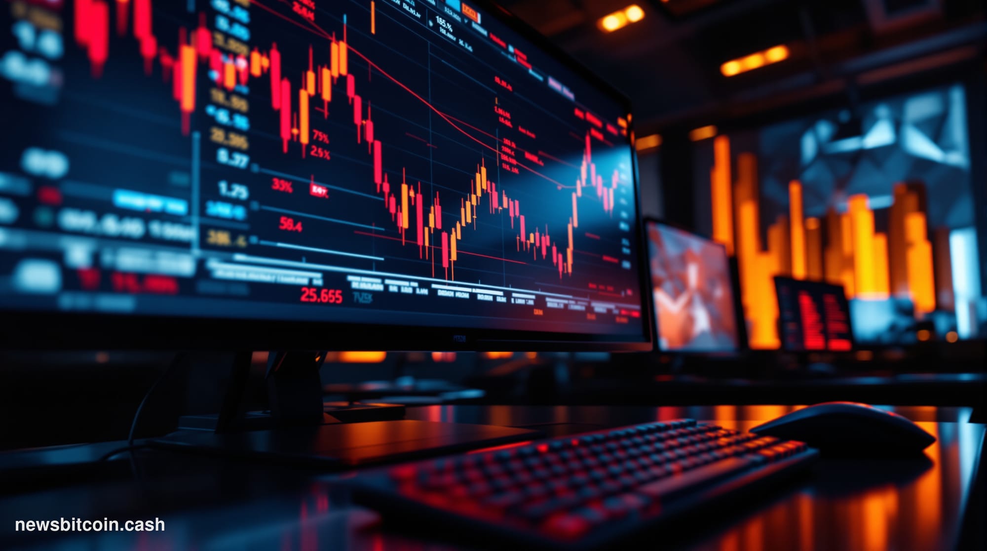 A dramatic close-up of a large trading terminal screen inside a darkened professional trading floor, displaying red cascading