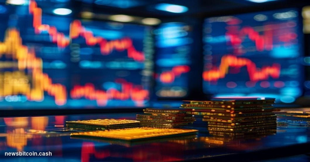 Cinematic photorealistic editorial photograph of a modern trading floor environment bathed in deep blue and amber light, shal