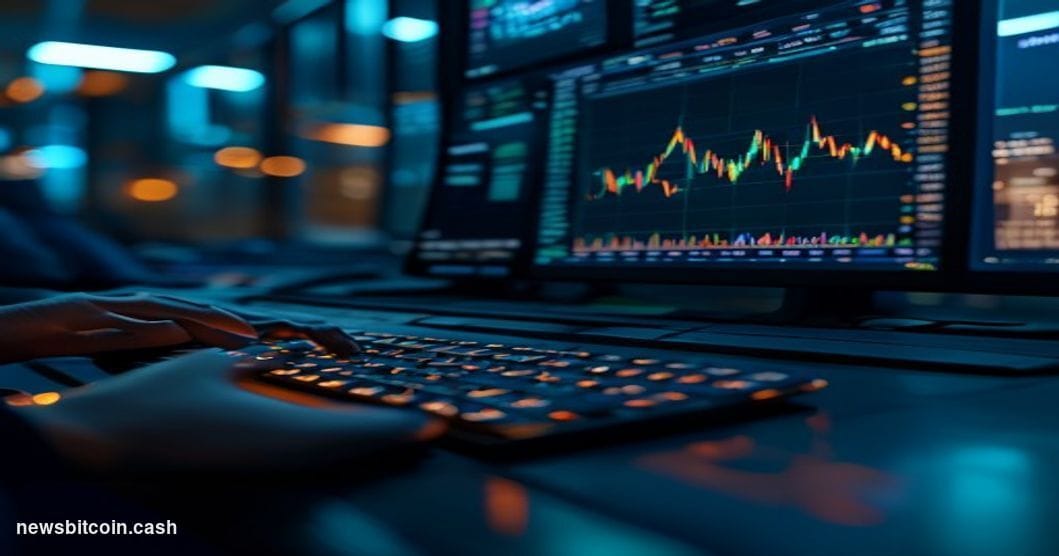 Cinematic photorealistic editorial photograph of a glowing digital trading terminal in a dimly lit institutional trading floo