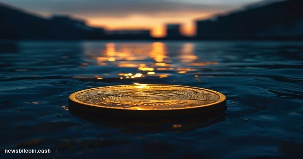 Cinematic photorealistic editorial photograph of a large illuminated Bitcoin gold coin symbol partially submerged at the bott