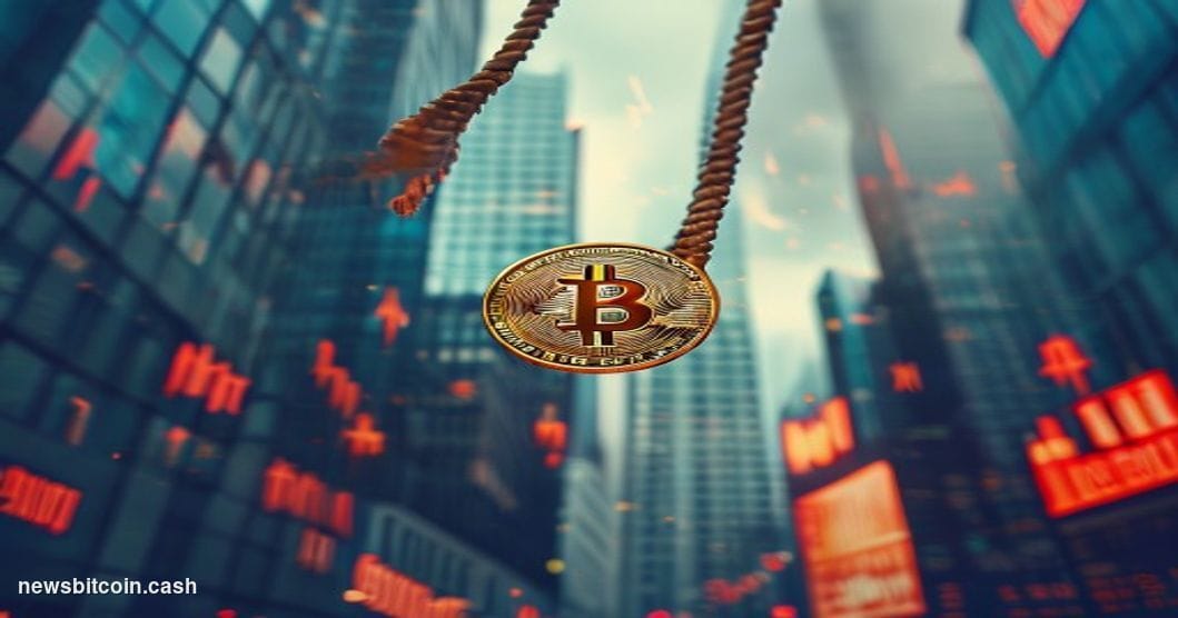 Cinematic photorealistic editorial photograph of a physical golden Bitcoin coin suspended mid-air on a bungee cord against a 