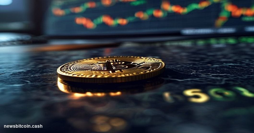 Cinematic photorealistic editorial photograph of a dramatic close-up of a physical gold Bitcoin coin balanced on the edge of 