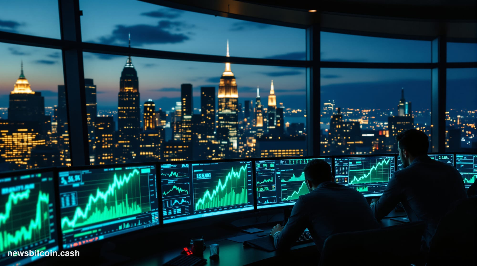 A cinematic photorealistic editorial photograph of a large financial trading floor with multiple curved screens displaying Bi