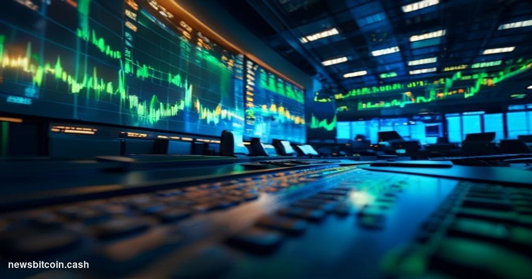 Cinematic photorealistic editorial photograph of a dramatic Wall Street trading floor environment, seen from a low angle look