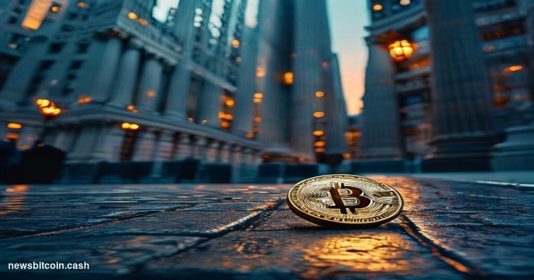 Cinematic photorealistic editorial photograph of the New York Stock Exchange's iconic neoclassical facade on Wall Street, sho