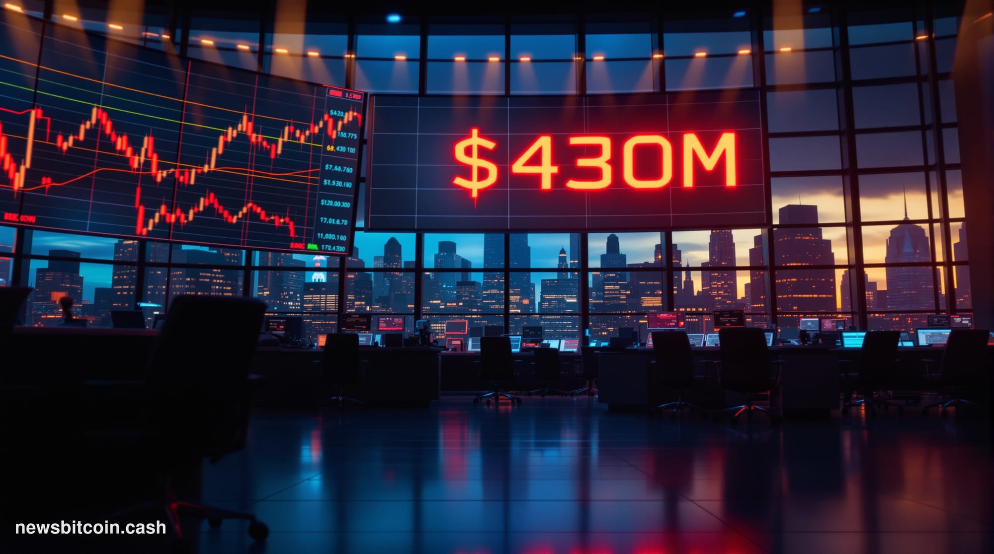 Cinematic photorealistic editorial photograph of a large financial trading floor, shot from a low angle looking up toward mas
