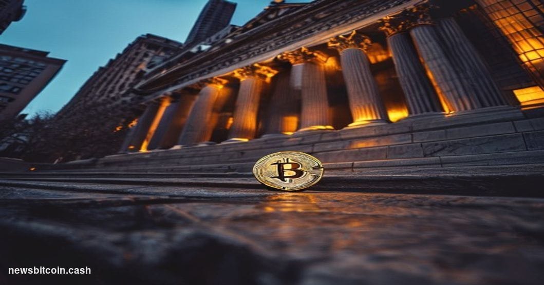 A cinematic photorealistic editorial photograph of the New York Stock Exchange building facade on Wall Street, shot from a lo