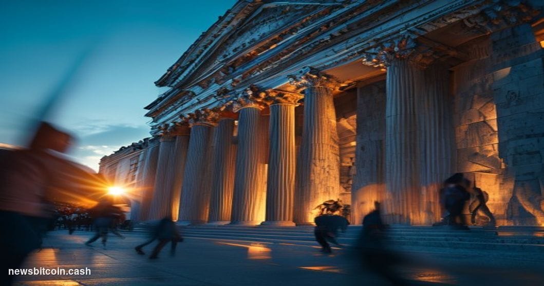 Cinematic photorealistic editorial photograph of the New York Stock Exchange building on Wall Street, shot from a low angle a