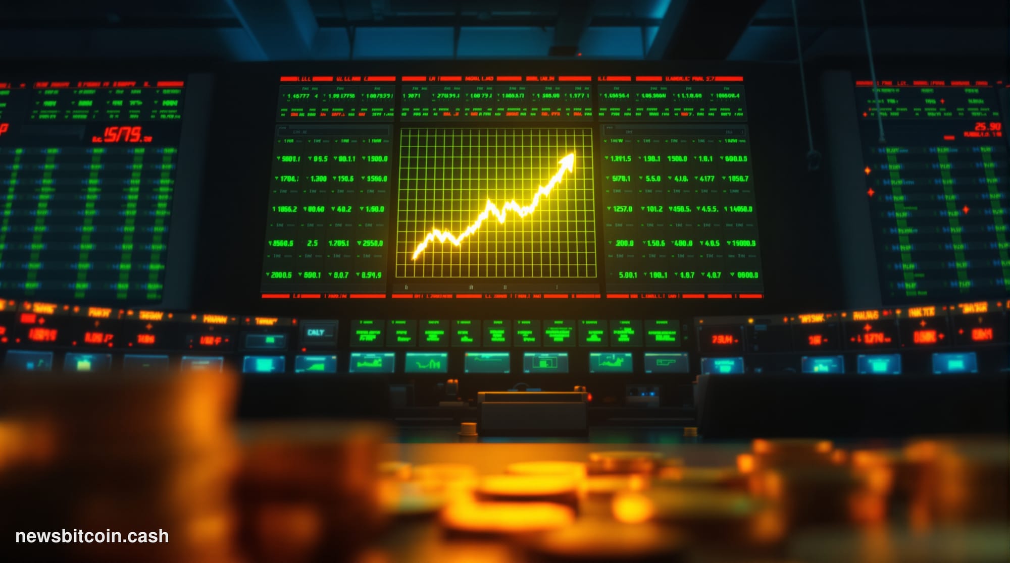Cinematic photorealistic editorial photograph of a large financial trading floor — modeled on a major U.S. exchange venue lik