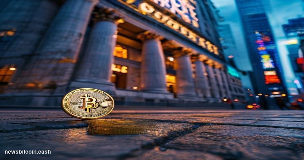 Cinematic photorealistic editorial photograph of the New York Stock Exchange building facade on Wall Street, shot at dusk wit