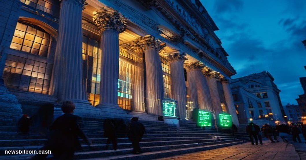 Cinematic photorealistic editorial photograph of the New York Stock Exchange building on Wall Street, shot from a low angle l