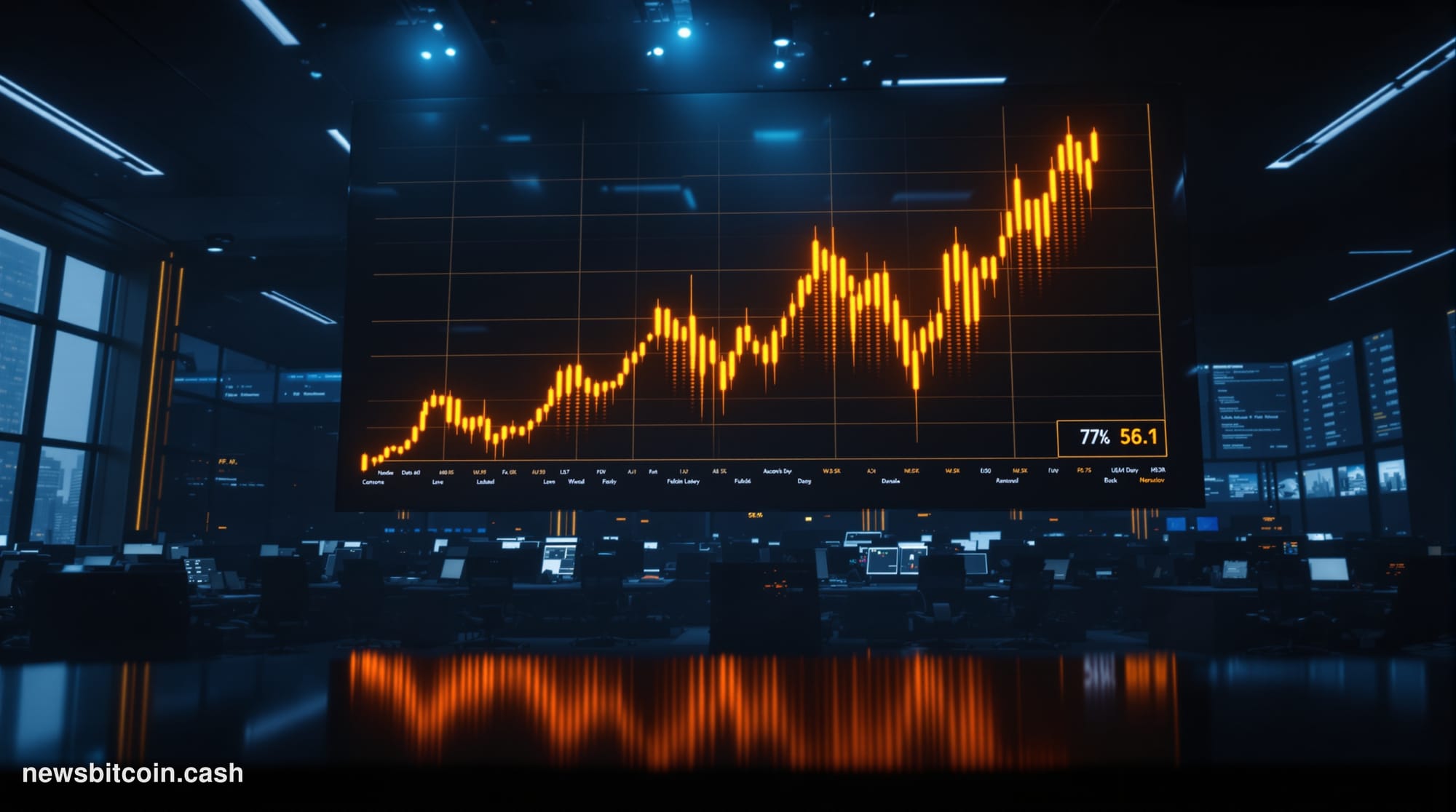 Cinematic photorealistic editorial photograph of a large digital trading screen mounted in a dimly lit institutional trading 