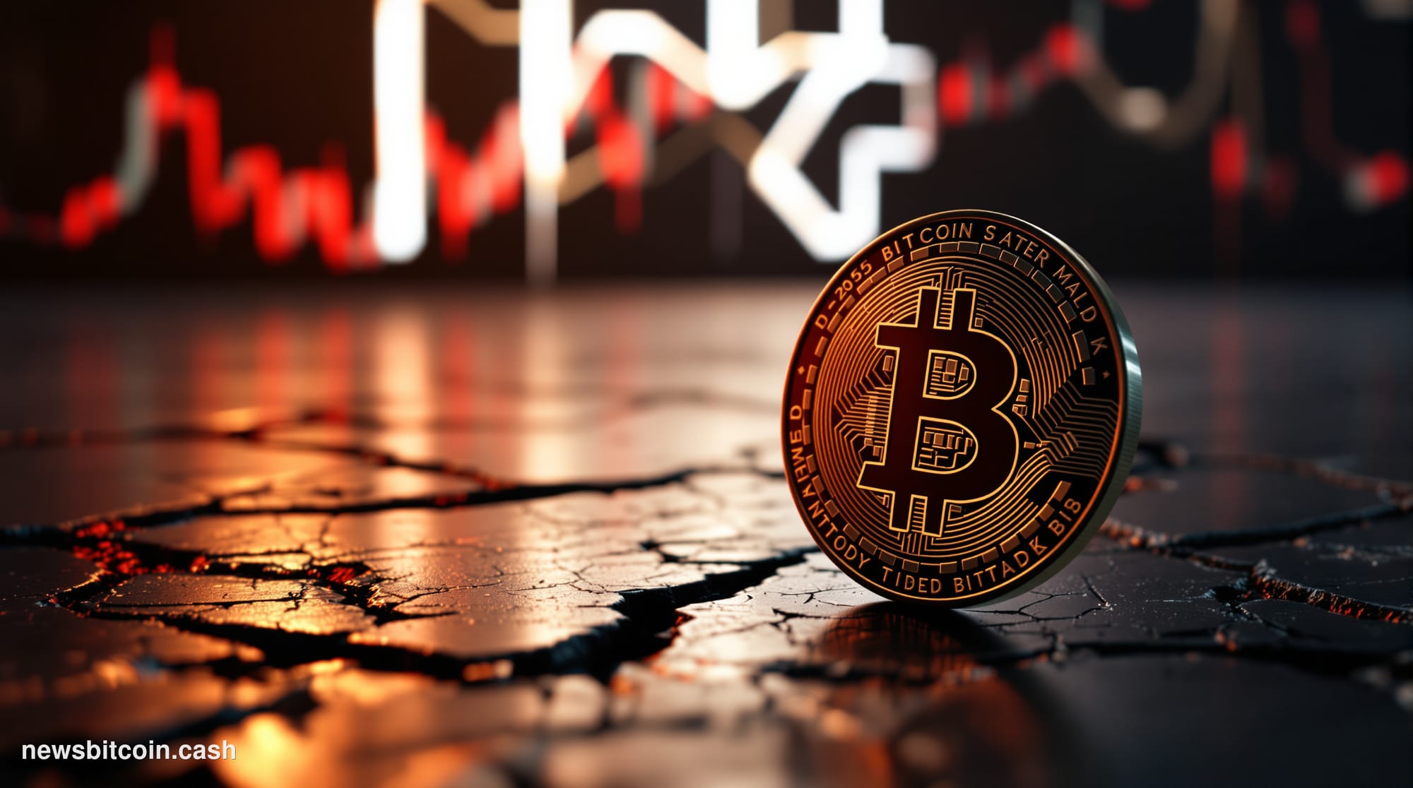 Cinematic photorealistic editorial photograph of a physical Bitcoin coin resting on a cracked, weathered trading floor surfac
