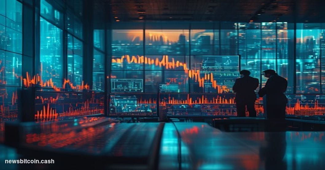 Cinematic photorealistic editorial photograph of a large financial trading floor bathed in cool blue and amber light, with mu