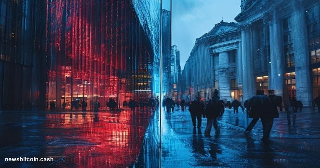 Cinematic photorealistic editorial photograph of a split-screen financial crisis scene: on the left, the illuminated facade o