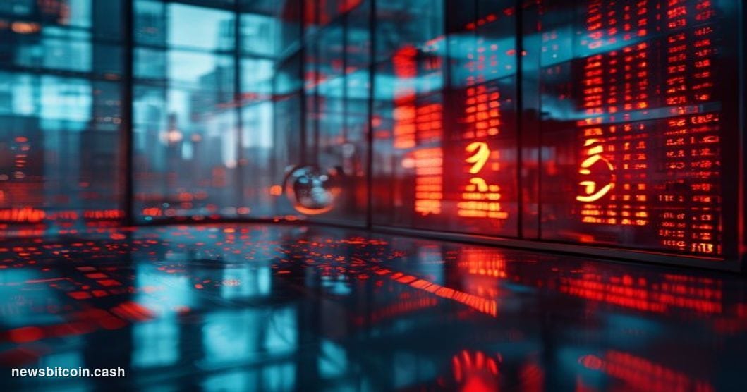 Cinematic photorealistic editorial photograph shot at a low angle from a trading floor foreground, with glowing red digital t