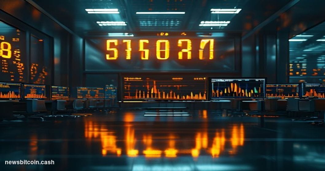 Cinematic photorealistic editorial photograph of a large illuminated digital clock countdown display mounted on a dark financ