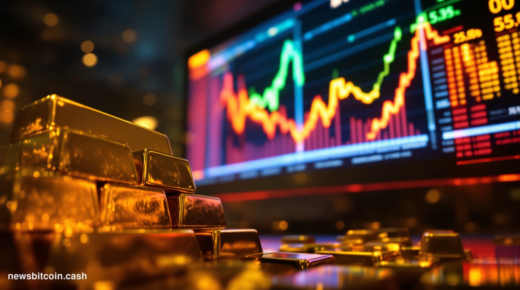 Cinematic photorealistic editorial photograph shot at a low angle looking up at a large financial trading floor display scree