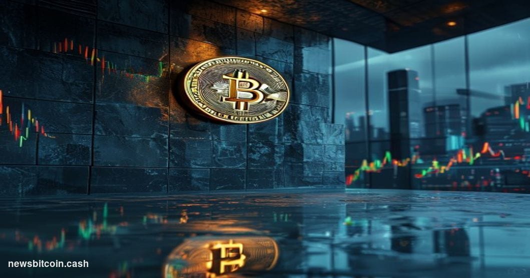 Cinematic photorealistic editorial photograph of a large illuminated Bitcoin symbol mounted on a dark financial district wall