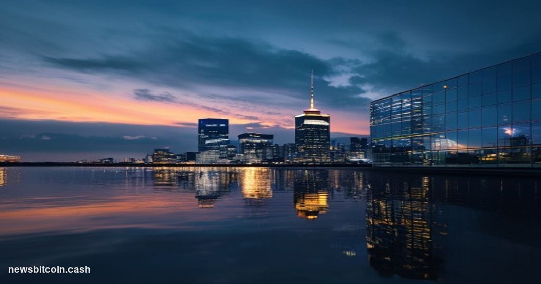 Cinematic photorealistic editorial photograph of the Auckland skyline at dusk, shot from the waterfront with the Sky Tower pr
