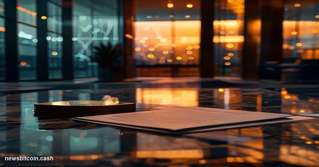 Cinematic photorealistic editorial photograph of a sleek, glass-and-steel financial institution lobby at dusk, dramatic low-a