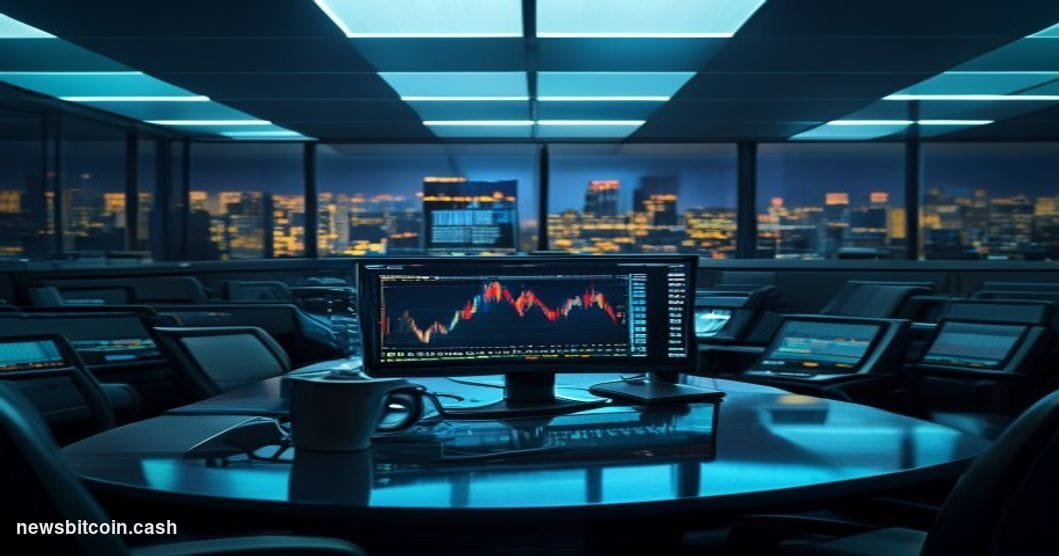 A cinematic photorealistic editorial photograph of a shuttered financial trading floor, dramatically lit from above with cold