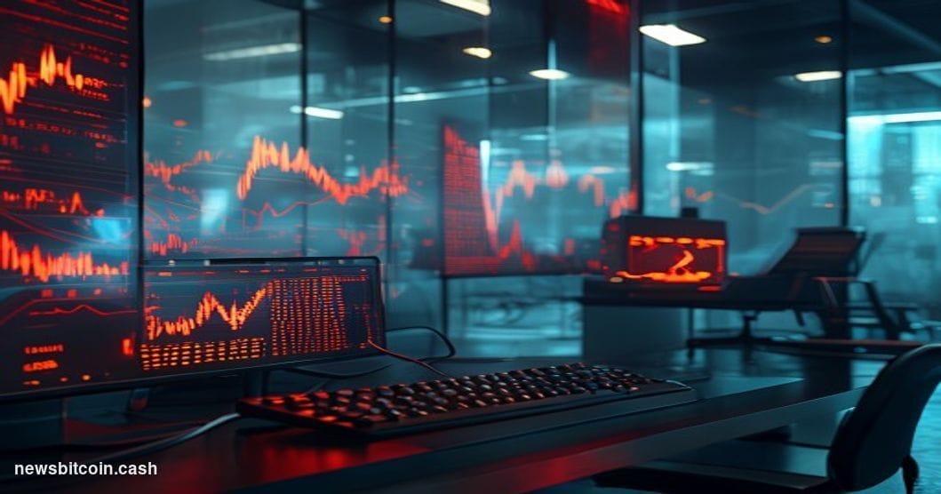 Cinematic photorealistic editorial photograph of a darkened cryptocurrency exchange trading floor environment, with multiple 