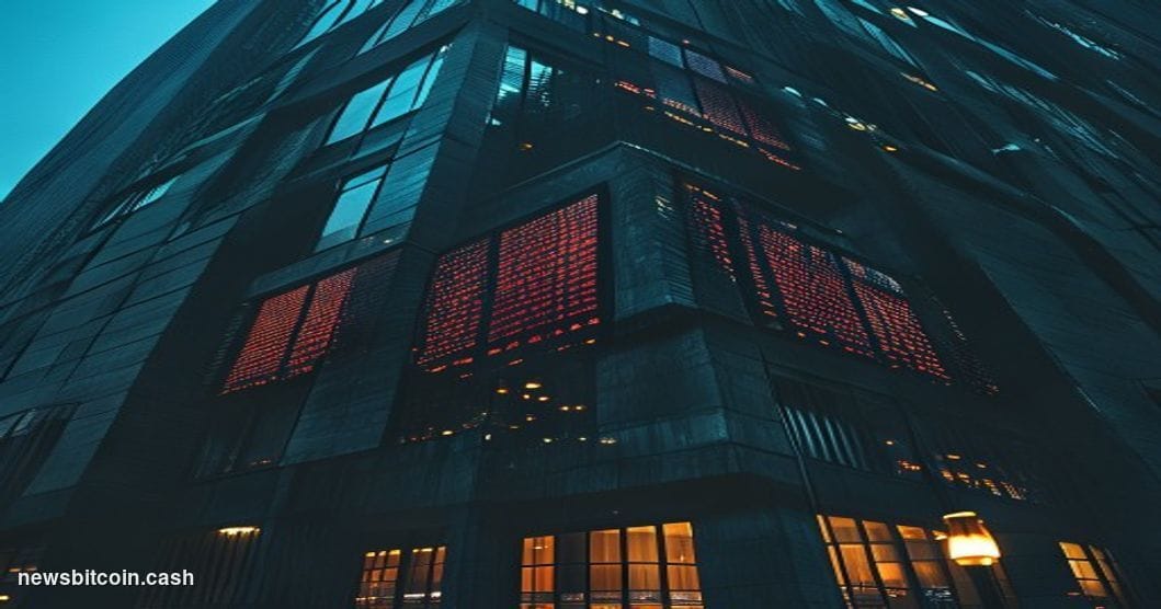 A cinematic photorealistic editorial photograph shot at a low angle looking up at a darkened financial district building faca