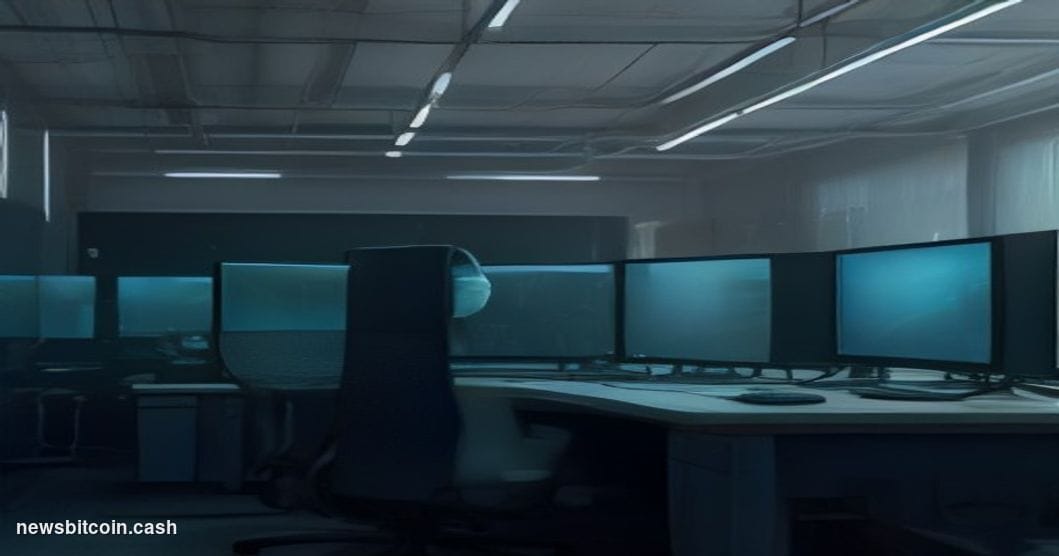A cinematic photorealistic editorial photograph of a darkened, now-empty trading floor with glowing monitors fading to black,