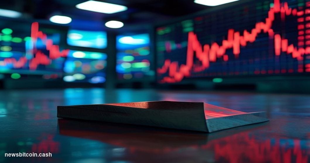 A cinematic photorealistic editorial photograph of a darkened trading floor environment with multiple screens displaying a sh