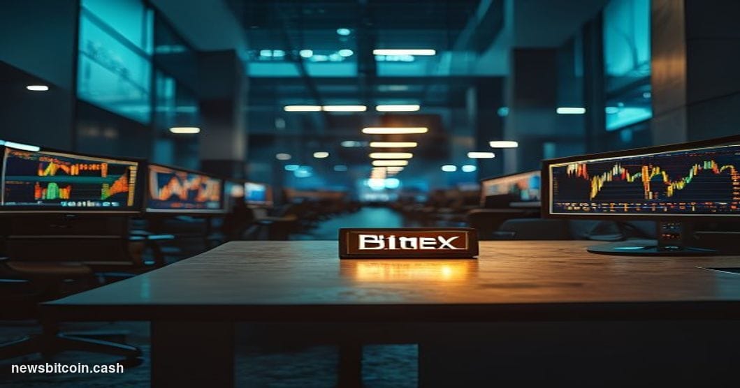 A cinematic photorealistic editorial photograph of a decommissioned trading floor environment, shot from a low angle looking 