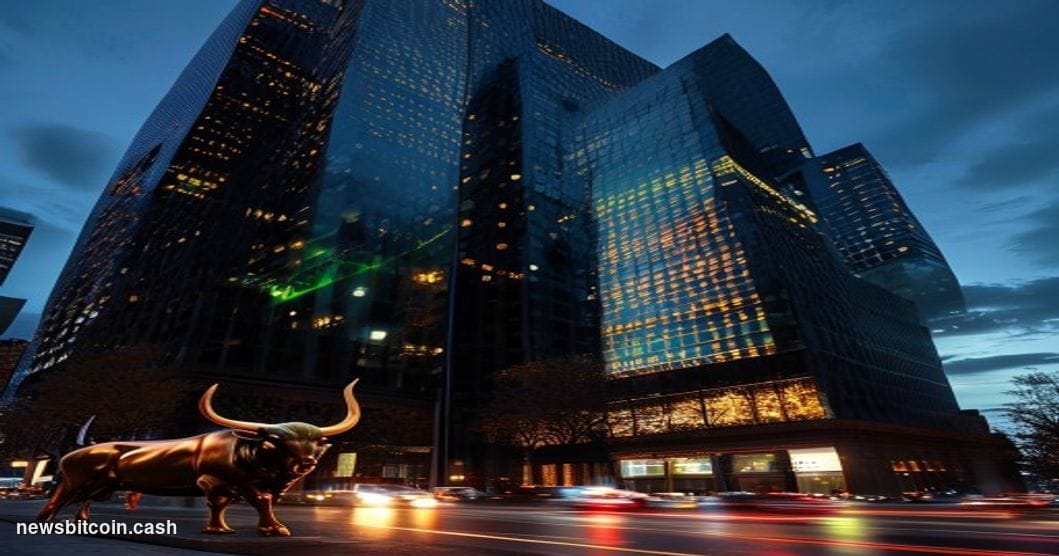 Cinematic photorealistic editorial photograph of BlackRock's Midtown Manhattan headquarters building exterior at dusk, the ic