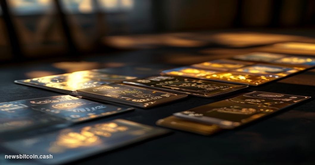 Cinematic photorealistic editorial photograph of a dramatically lit tabletop scene featuring holographic foil trading cards f