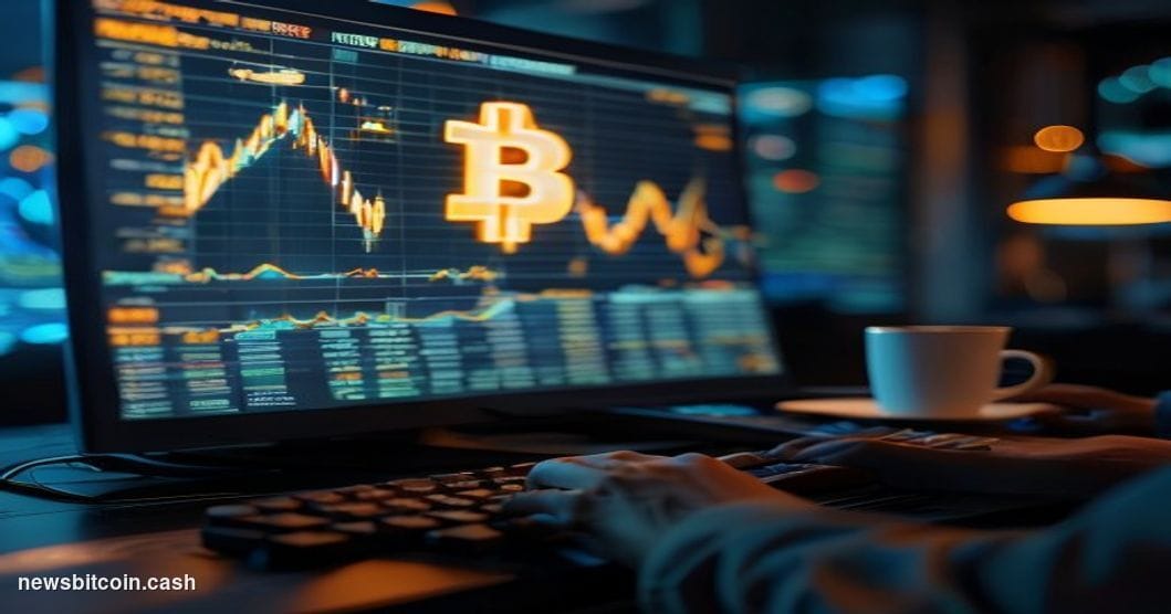 Cinematic photorealistic editorial photograph of a large curved trading terminal screen displaying a glowing Bitcoin price ch
