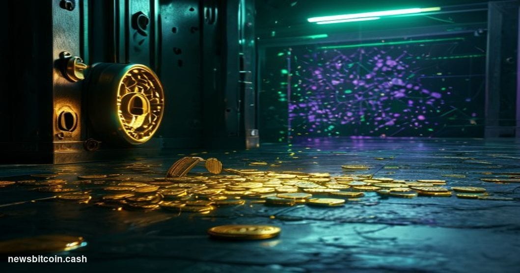 A cinematic photorealistic editorial photograph of a shattered digital vault door lying on a dark polished floor, with a fain