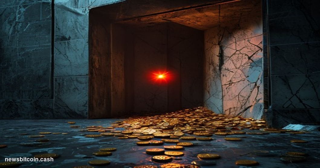 Cinematic photorealistic editorial photograph shot at ground level looking up at a cracked marble vault door swung open in a 