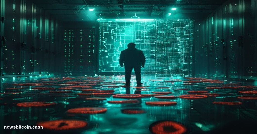 Cinematic photorealistic editorial photograph of a cracked digital vault door rendered as a glowing holographic panel, set ag