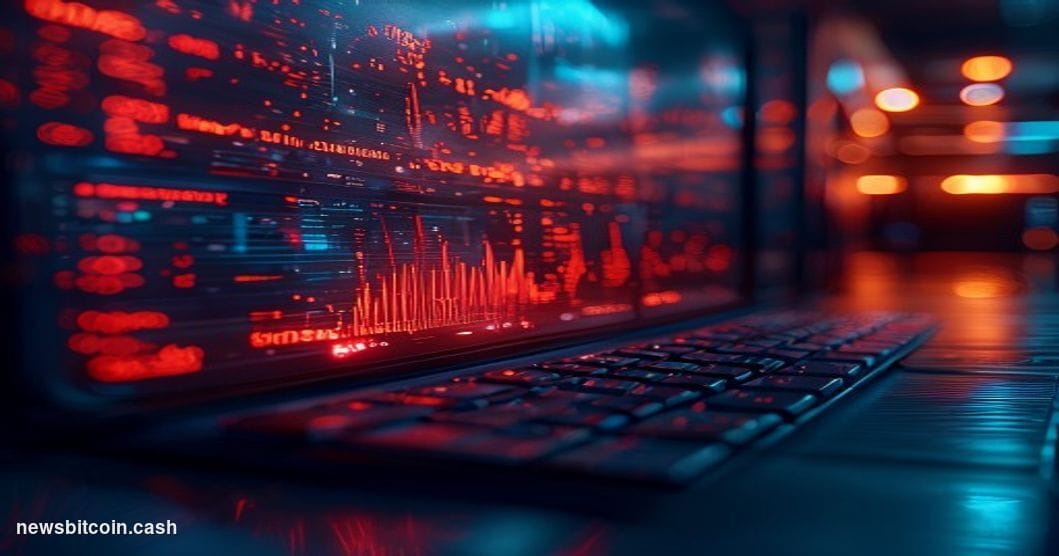 Cinematic photorealistic editorial photograph of a cracked digital ledger screen glowing with red price charts and a cascadin