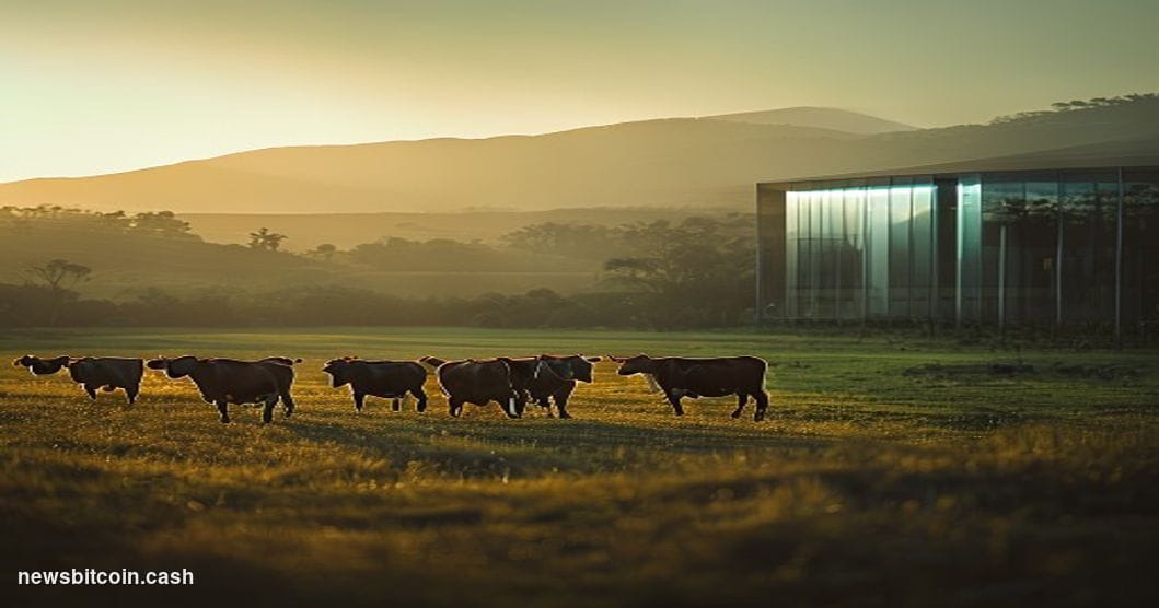 Cinematic photorealistic editorial photograph of a Brazilian cattle farm at golden hour, with a lush green pasture stretching