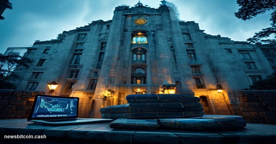 Cinematic photorealistic editorial photograph taken at ground level looking up at the imposing facade of a Brazilian federal 
