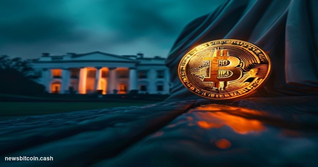 Cinematic photorealistic editorial photograph of a large Bitcoin symbol rendered in glowing amber light, positioned in the fo