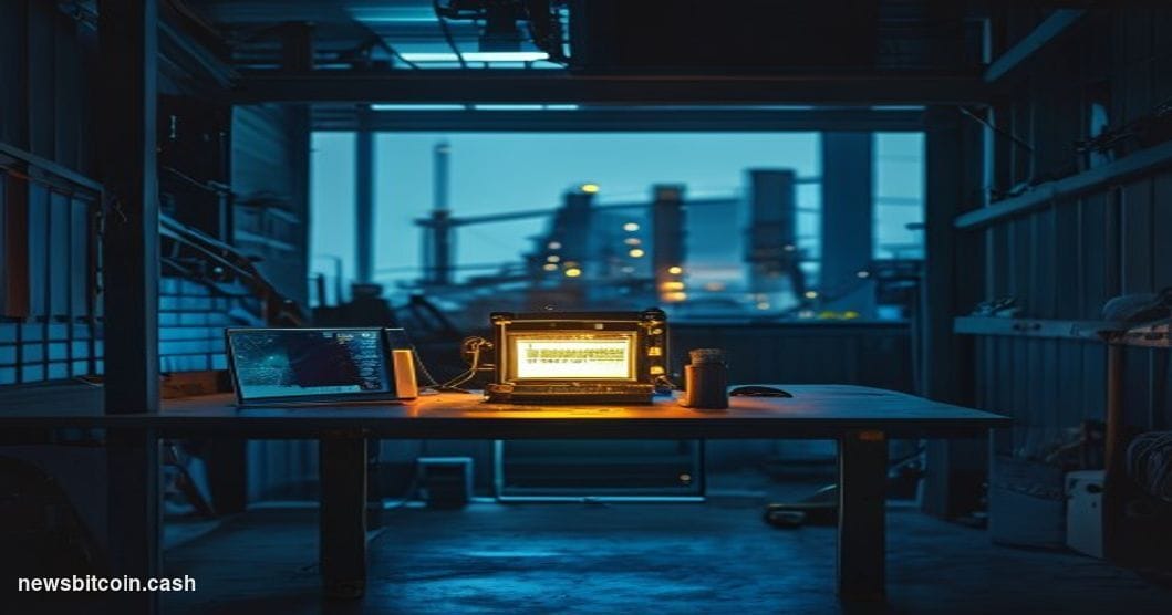 A cinematic photorealistic editorial photograph of a small home workbench setup in a dimly lit garage or basement, with a com