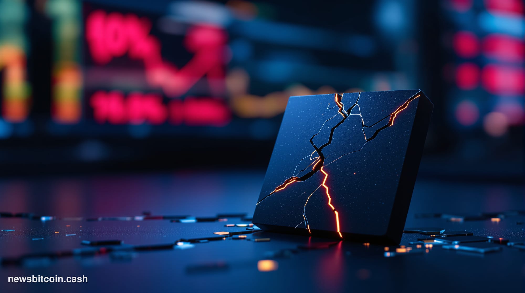 Cinematic photorealistic editorial photograph of a cracked semiconductor wafer in sharp foreground focus, its fractured silic