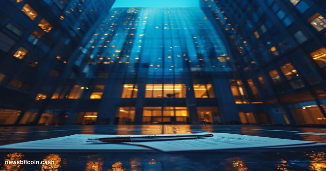 A cinematic photorealistic editorial photograph shot at street level looking up at the imposing glass-and-steel facade of Can