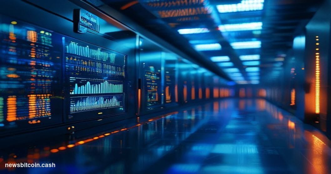 A cinematic photorealistic editorial photograph of a massive server infrastructure corridor, dramatically lit with deep blue 