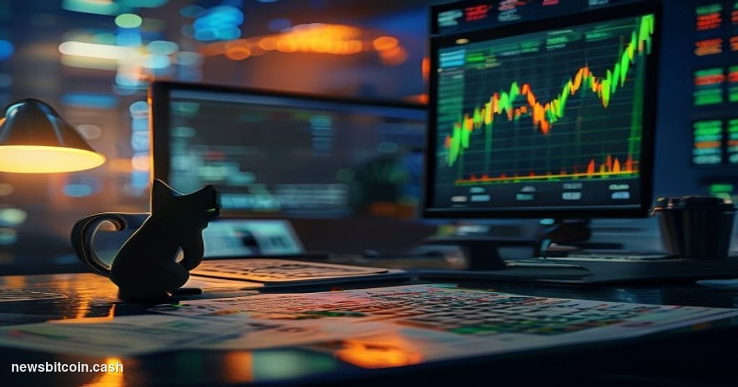Cinematic photorealistic editorial photograph of a sleek trading terminal screen displaying a violent green price chart spiki